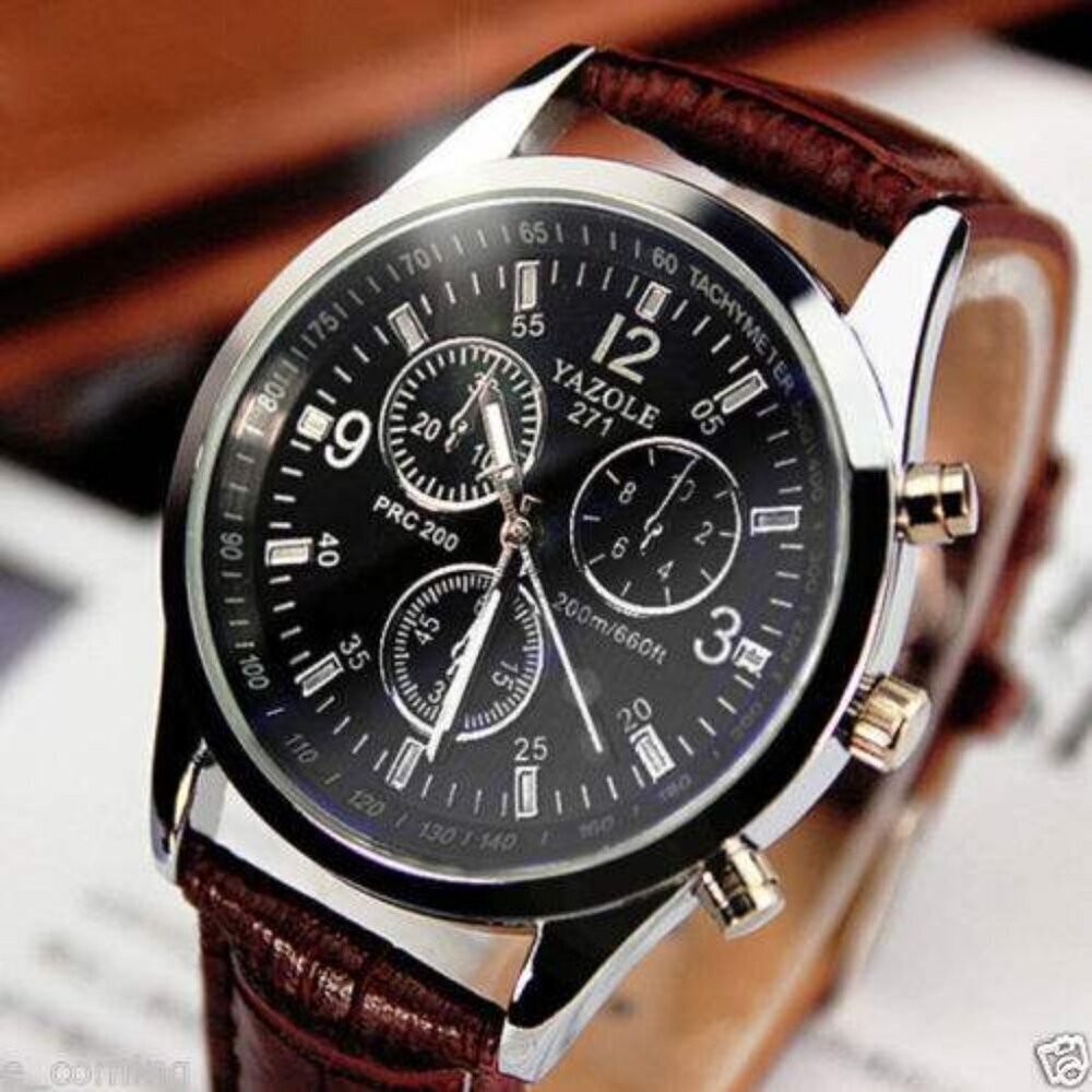 Yazole 271 Mens Watch Classic Black Face Leather Strap Stainless Steel Quartz